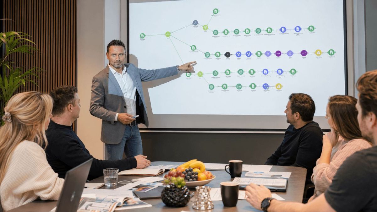 KI-Workflow-Architektur &mdash; Roman Hymer erkl&auml;rt Automatisierungs-Pipeline vor Team