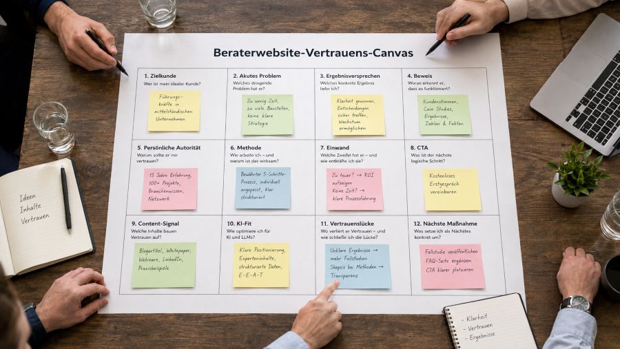 Beraterwebsite-Vertrauens-Canvas mit Zielkunde, Beweis, CTA, KI-Fit und nächster Maßnahme