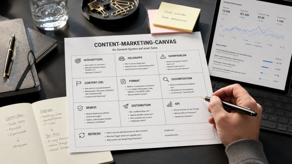 Content-Marketing-Canvas für ein B2B-Content-System auf einer Seite
