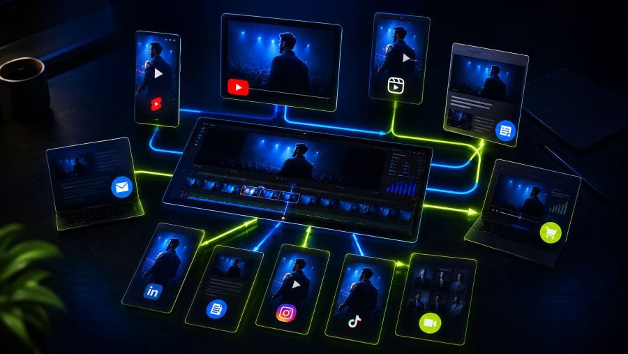 Ein Video-Thema wird in mehrere Assets für Social Media, Blog, Newsletter und weitere Kanäle aufgeteilt