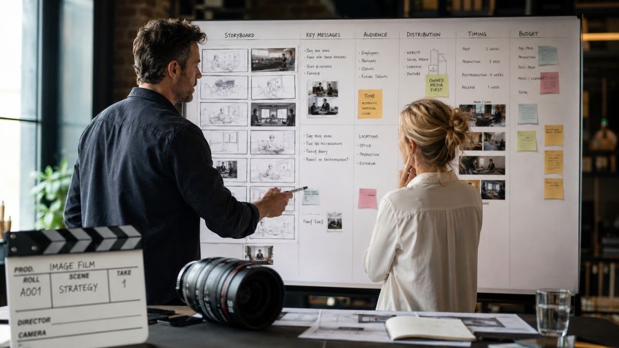 Imagefilm-Wirkungs-Canvas mit Storyboard, Zielgruppe, Distribution, Timing und Budgetplanung