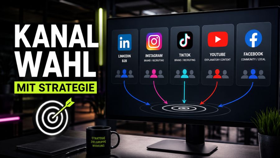 Social-Media-Plattform-Matrix mit LinkedIn, Instagram, TikTok, YouTube und Facebook nach Zielgruppen und Marketingzielen