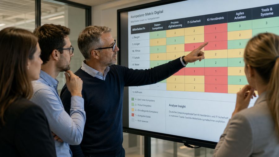 Team analysiert eine Kompetenz-Matrix zur Erkennung von Skill-Gaps im Mittelstand