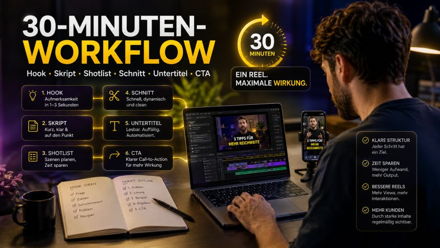 30-Minuten-Workflow zum Reels erstellen mit KI, Skript, Schnitt, Untertiteln und CTA