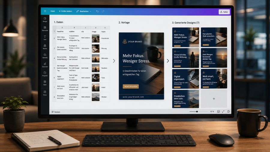 Canva Bulk Create Workflow mit Tabelle, Vorlage und automatisch generierten Social-Media-Designs