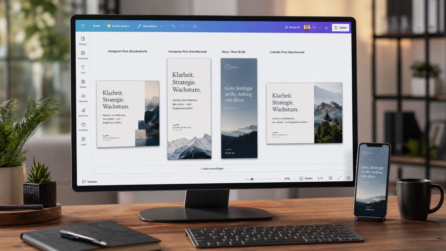 Canva-Vorlagen in verschiedenen Social-Media-Formaten für Instagram, Story, Reel und LinkedIn