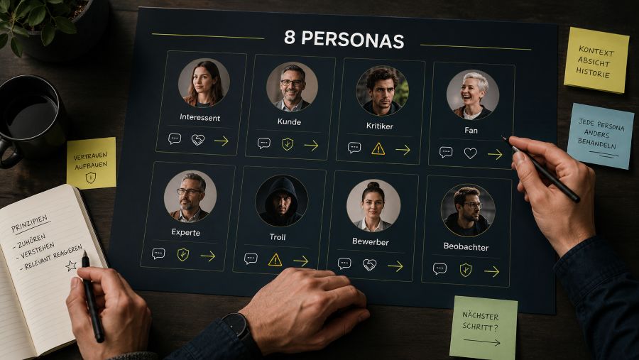 Community-Personas im Community Management mit Interessent, Kunde, Kritiker, Fan, Experte, Troll, Bewerber und Beobachter