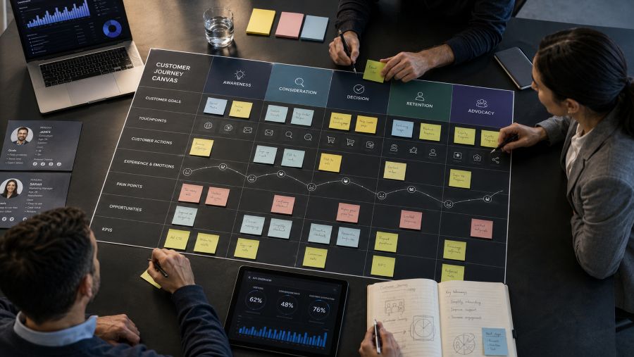 Customer Journey Map Workshop mit Phasen, Touchpoints und Reibungspunkten