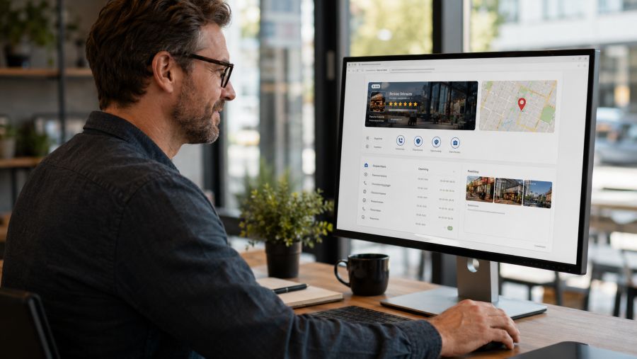 Google Business Profile optimieren mit Öffnungszeiten, Bewertungen, Fotos, Karte und lokalen Unternehmensdaten