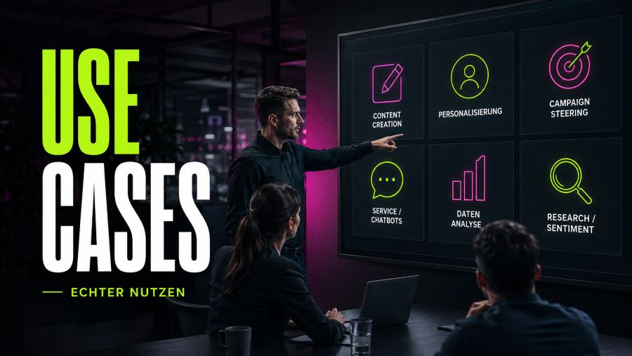 KI-Marketing-Use-Cases mit Content-Erstellung, Personalisierung, Kampagnensteuerung, Chatbots und Datenanalyse