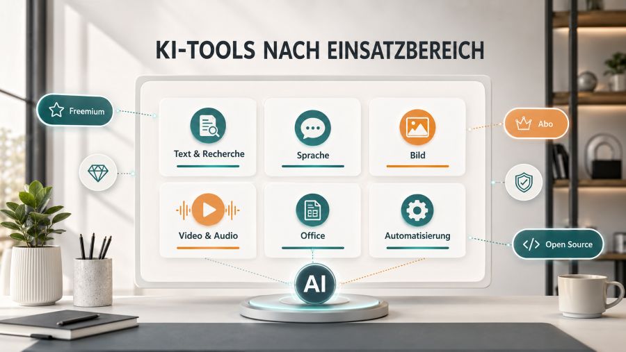 KI-Tools 2026 nach Einsatzbereich für Text, Sprache, Bild, Video, Produktivität und Automatisierung