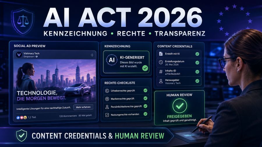 KI Werbung Kennzeichnung nach AI Act mit Content Credentials Rechte Checkliste und Human Review