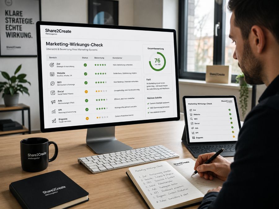 Marketing Wirkungs Check mit Bewertung von Website, SEO, Social Media, Ads und nächsten Schritten
