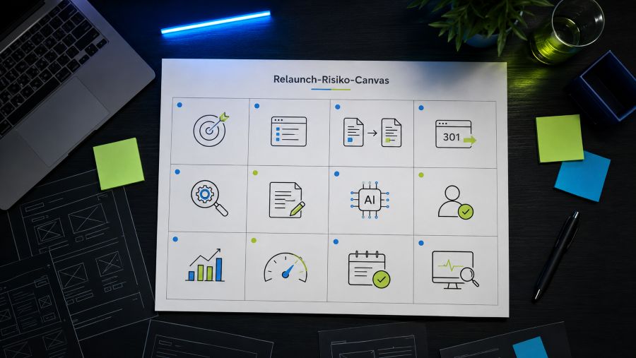 Relaunch-Risiko-Canvas mit SEO, Redirects, Tracking, Performance, Rollback und Monitoring