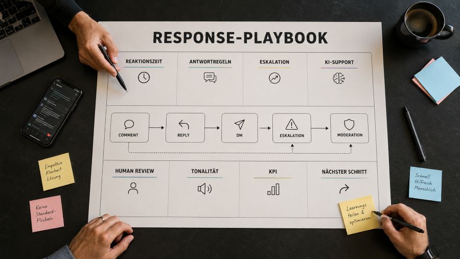 Response-Playbook für Community Management mit Reaktionszeit, Antwortregeln, Eskalation, Moderation und KI-Support