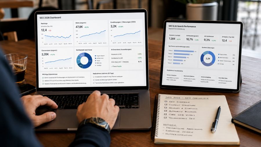 SEO 2026 Dashboard mit AI Overview, GEO-Sichtbarkeit und Core Web Vitals