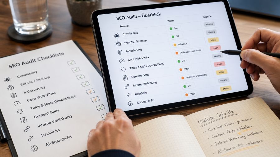 SEO Audit Dashboard mit Prüfbereichen Technik, Indexierung, Performance, Content, interner Verlinkung, Backlinks und AI-Search-Fit