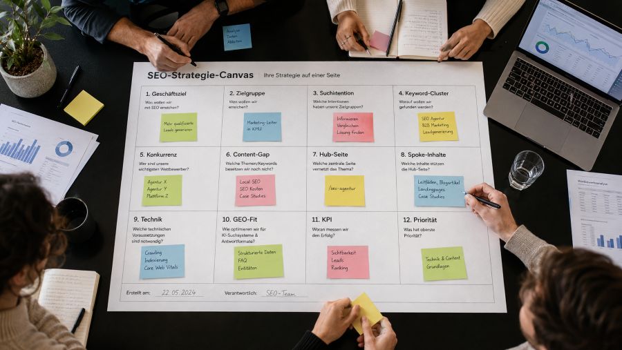 SEO-Strategie-Canvas mit zwölf Feldern, Sticky Notes und Workshop-Team