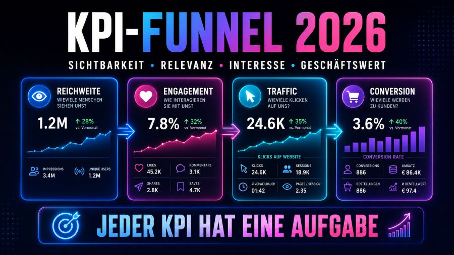 Social Media KPI Funnel mit Reichweite Engagement Traffic und Conversion