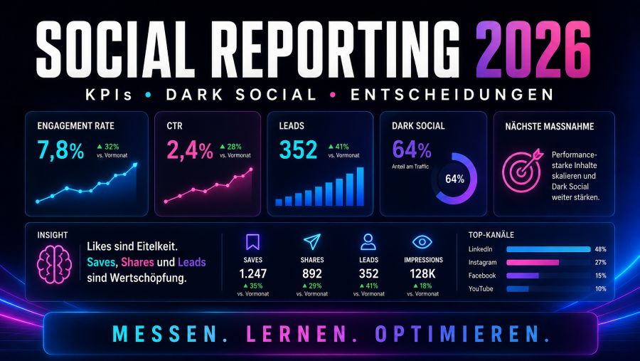 Social Media KPI Scorecard 2026 mit Leit KPIs Vanity Metriken Tracking Dark Social und Entscheidungen