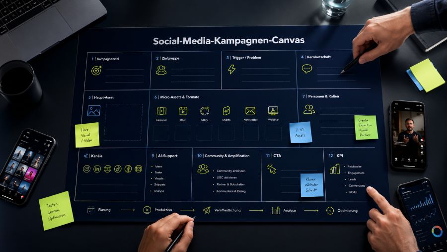 Social-Media-Kampagnen-Canvas mit Zielgruppe, Hauptasset, Micro-Assets, Kanälen, KI-Support, CTA und KPIs