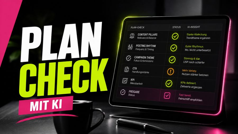 Social-Media-Redaktionsplan im KI-Workflow mit Hook-Ideen, Kanal-Adaption, Status und KPI-Review
