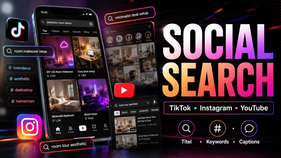 Social Search 2026 auf TikTok Instagram und YouTube mit Suchleiste Keywords und Videoergebnissen