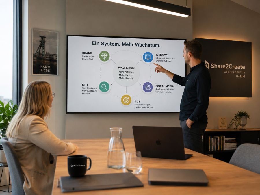 Strategieplanung einer Werbeagentur mit Leistungsbausteinen für Marke, Website, SEO, Social Media und Ads