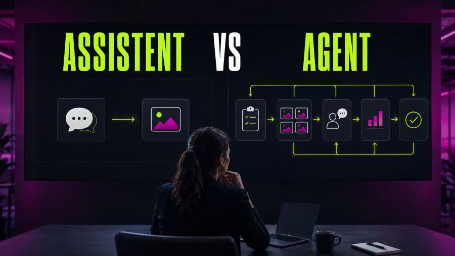 Vergleich zwischen KI-Assistent und KI-Agent im Marketing-Workflow mit Briefing, Varianten, Checkliste, Report und Freigabe