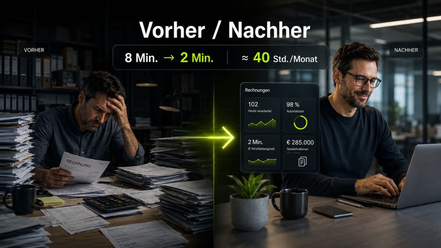 Vorher-Nachher-Vergleich der automatisierten Rechnungsverarbeitung mit weniger Bearbeitungszeit und weniger Papierchaos