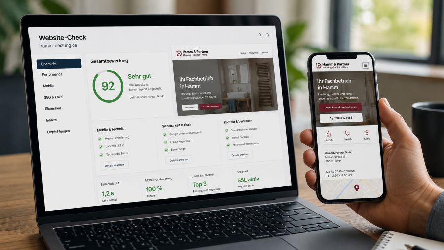 Website-Check Hamm mit Mobile Performance, lokaler SEO, Kontakt und Conversion auf Dashboard
