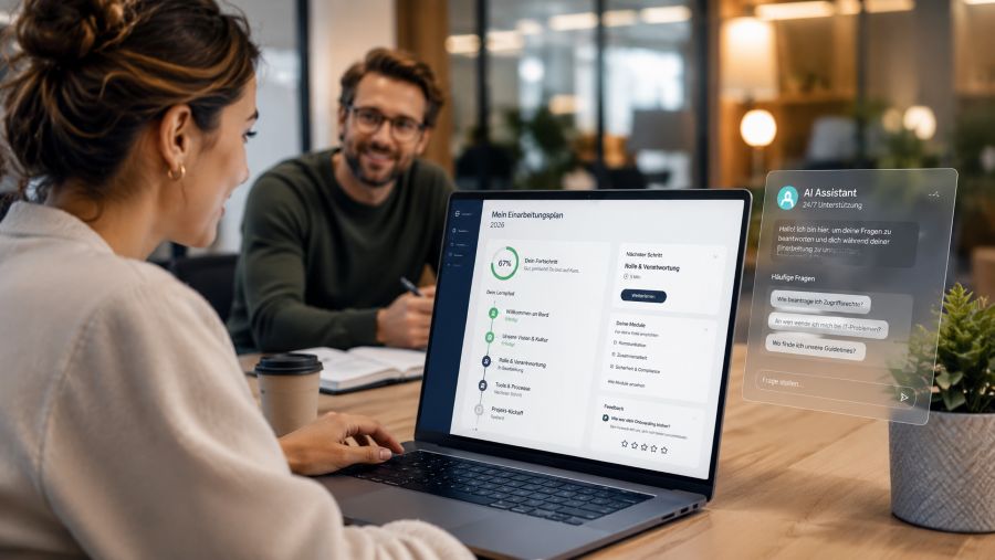 Digitaler Einarbeitungsplan 2026 mit Lernpfad, Microlearning, KI-Wissensassistent und Mentor-Unterstützung