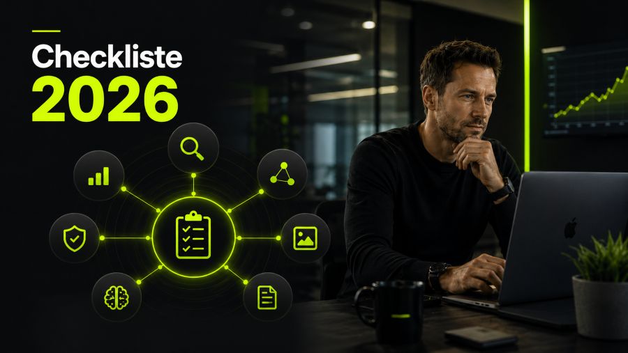 SEO-Checkliste 2026 mit technischen WordPress-Optimierungen und Performance-Symbolen