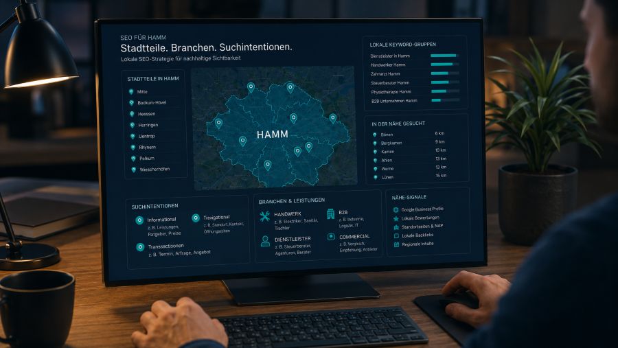 Karte von Hamm mit lokalen SEO-Signalen für Stadtteile, Branchen und Suchanfragen